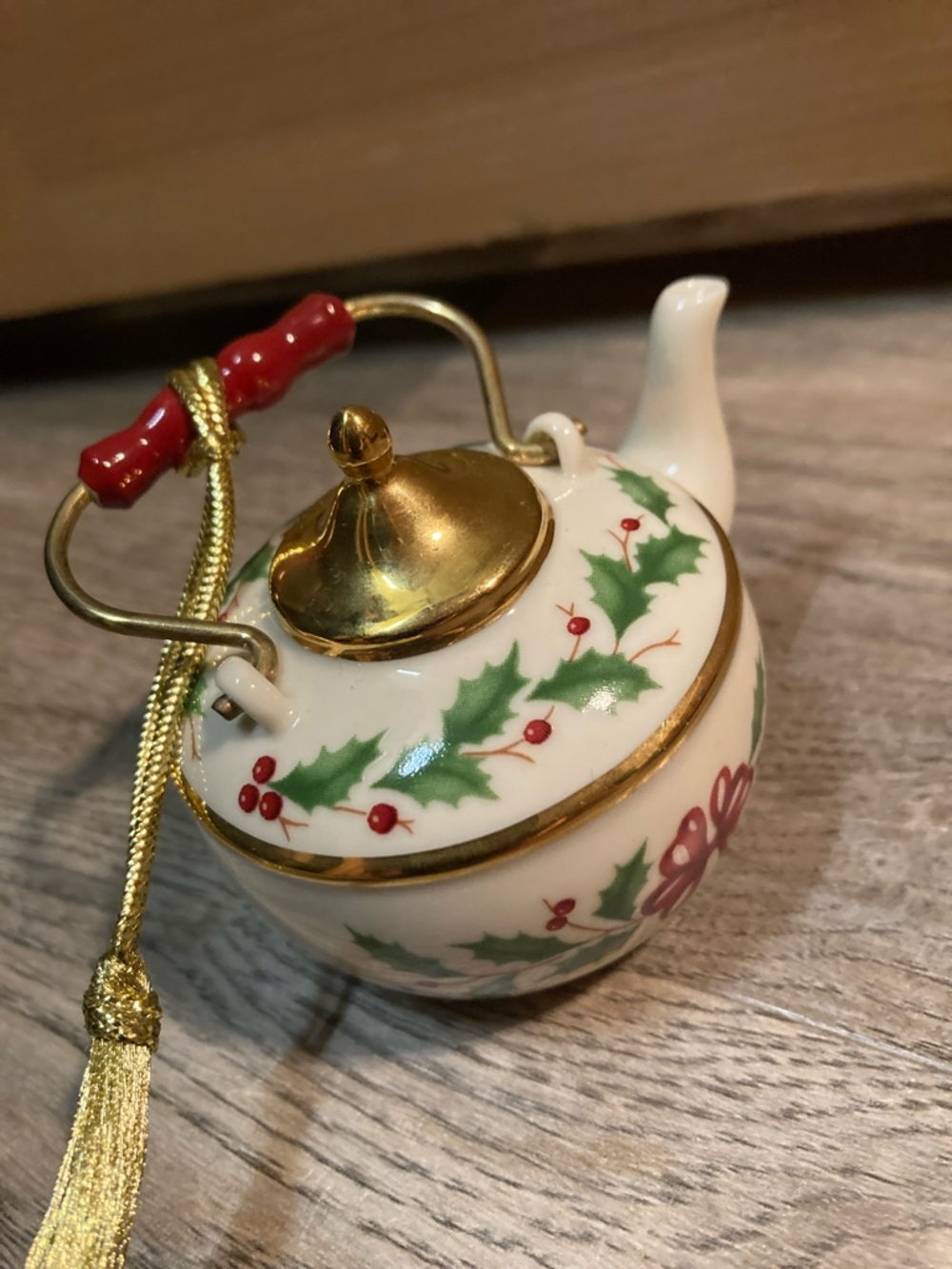 Lenox White Teapot Ornament with Green Holly and Red Berries